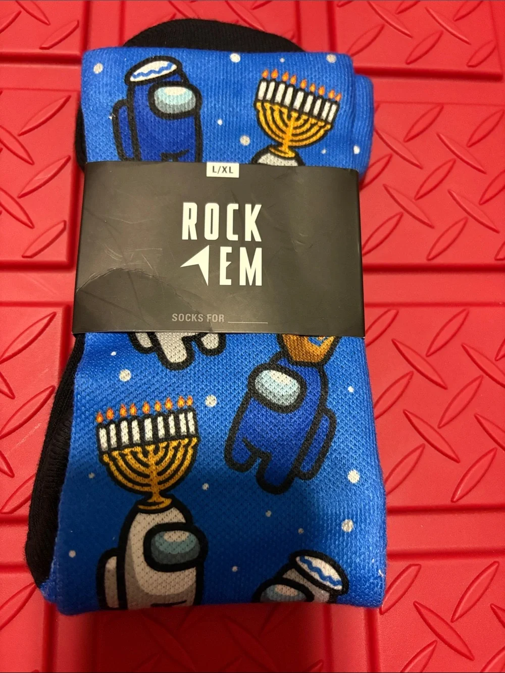 L/XL Blue Knee Socks - Hanukkah Design
